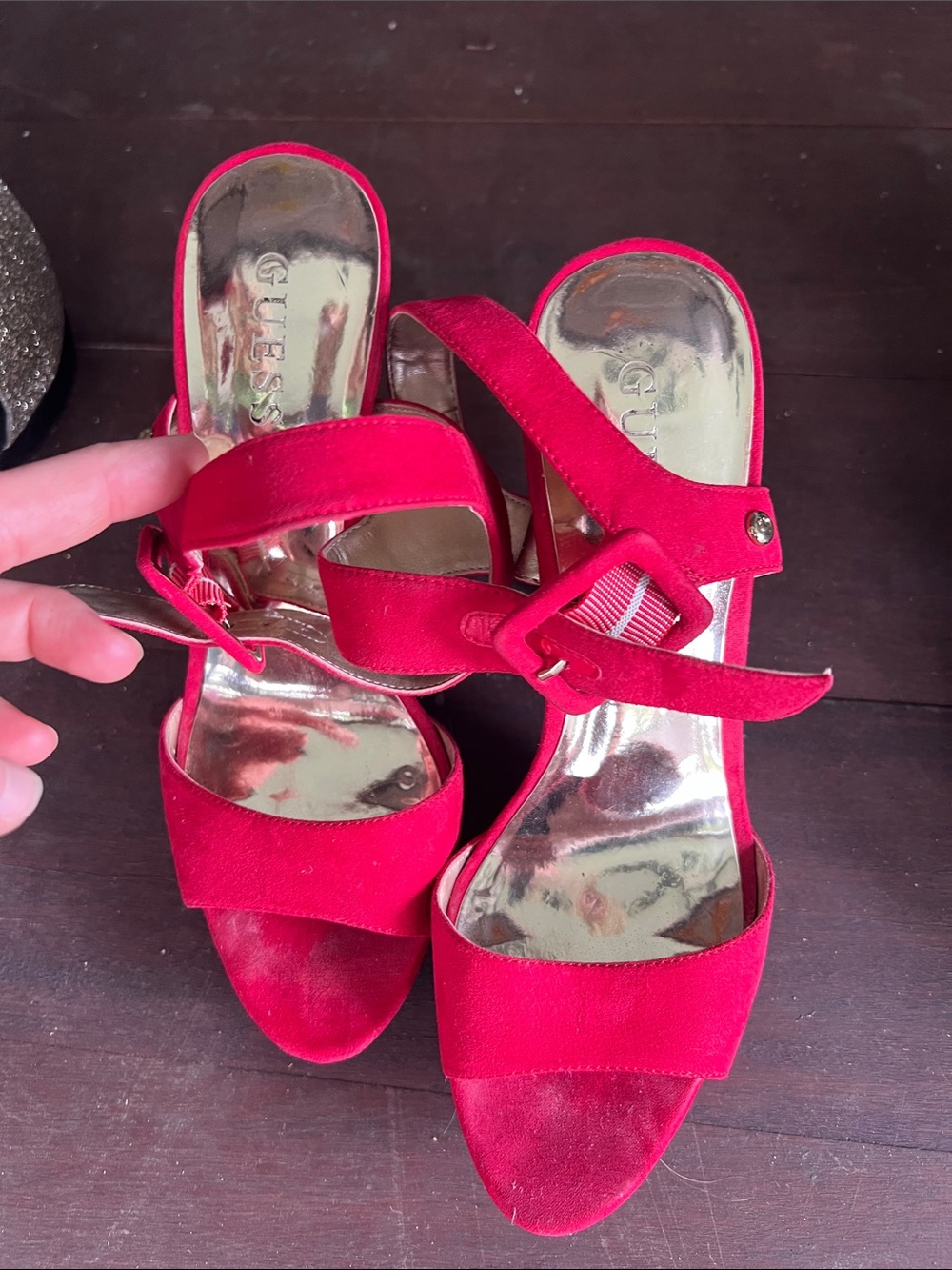Guess Red Suede Strappy Heeled Sandals